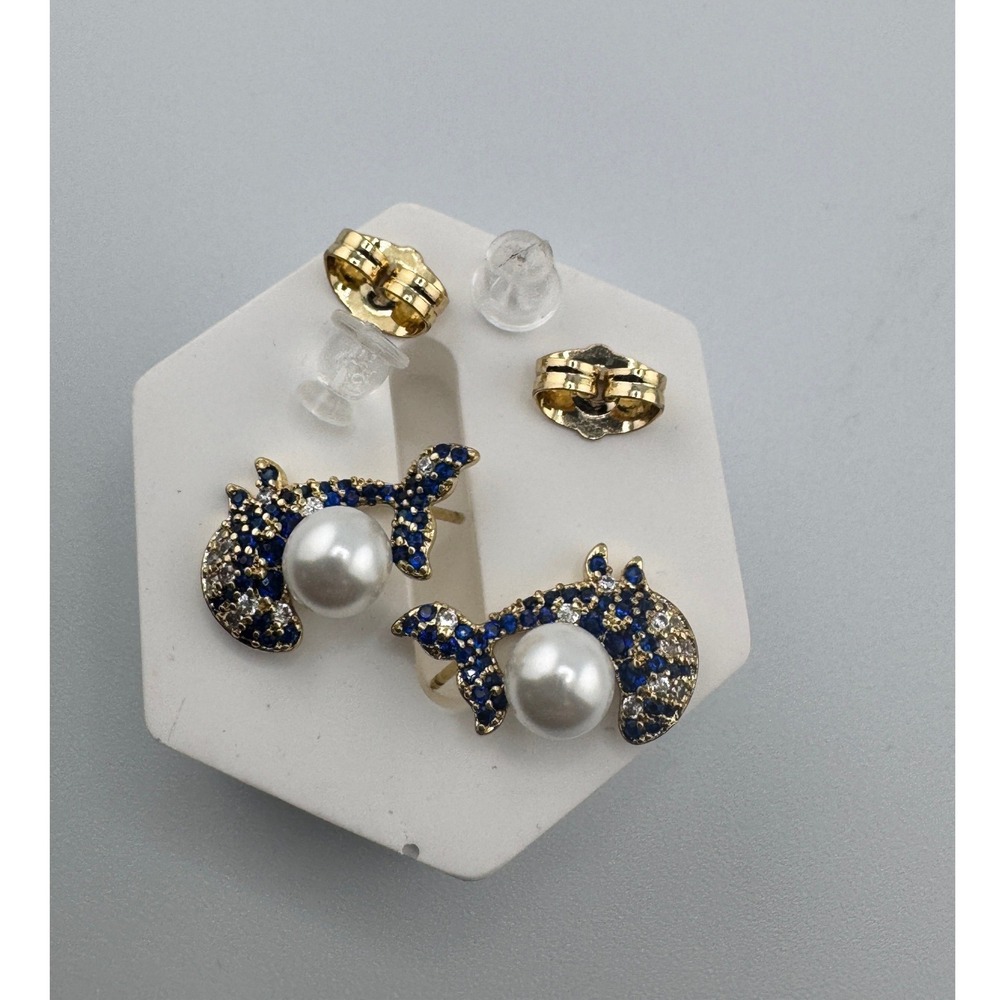 14k Gold Plated Dolphin Pearl Stud Earrings Blue Clear Crystal Nautical Jewelry